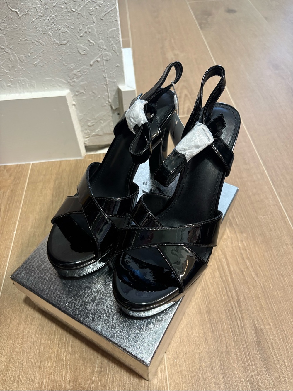 Glossy Black Patent Slingback Platform Heels